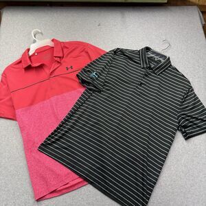 Under Armour Mountain Aire Playoff Polo Shirt Red Black Striped L Loose SS Lot 2